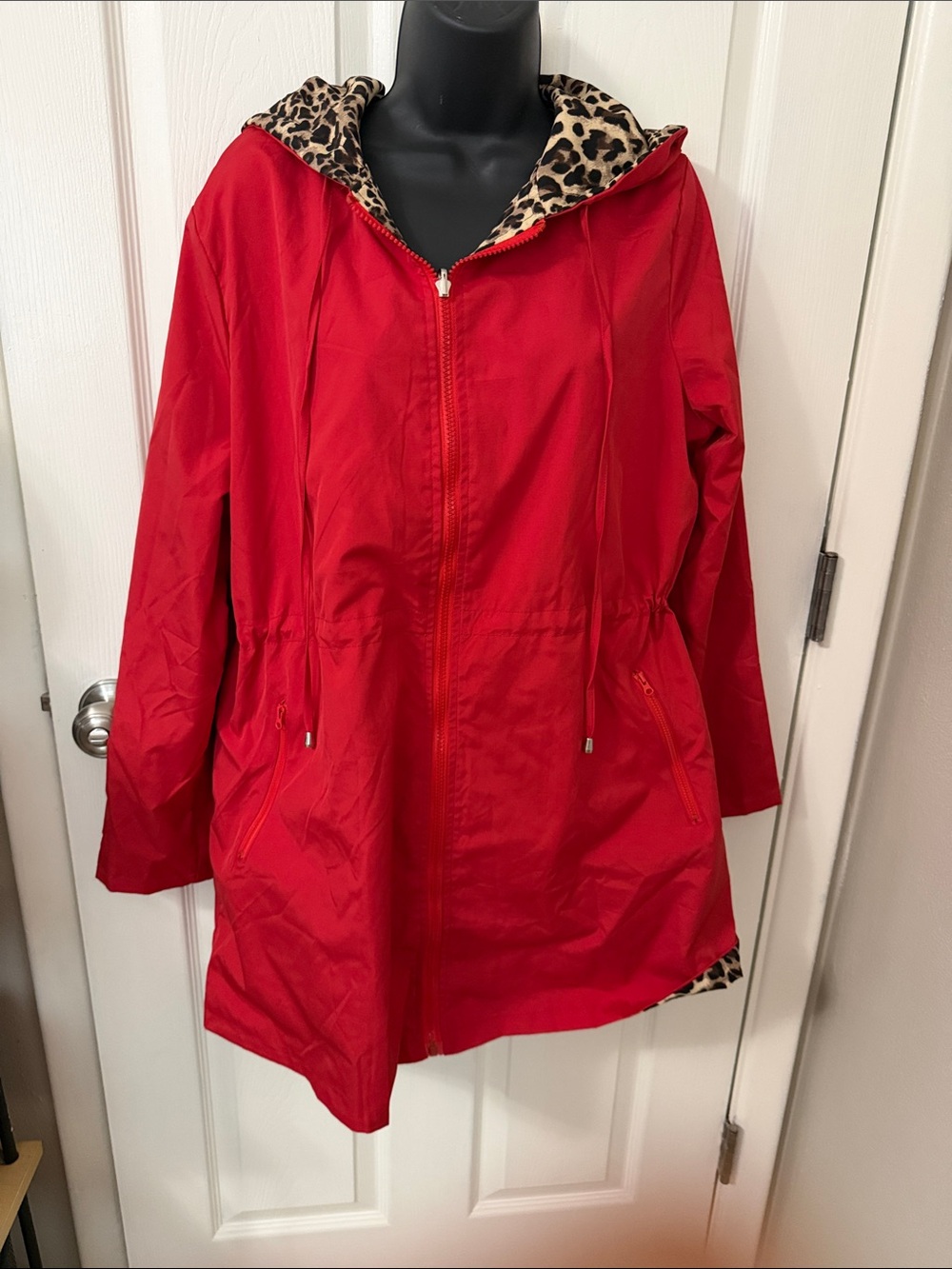 SHEIN Red Hooded Trench Coat with Leopard Lining Tag days XL but fits as a Lg